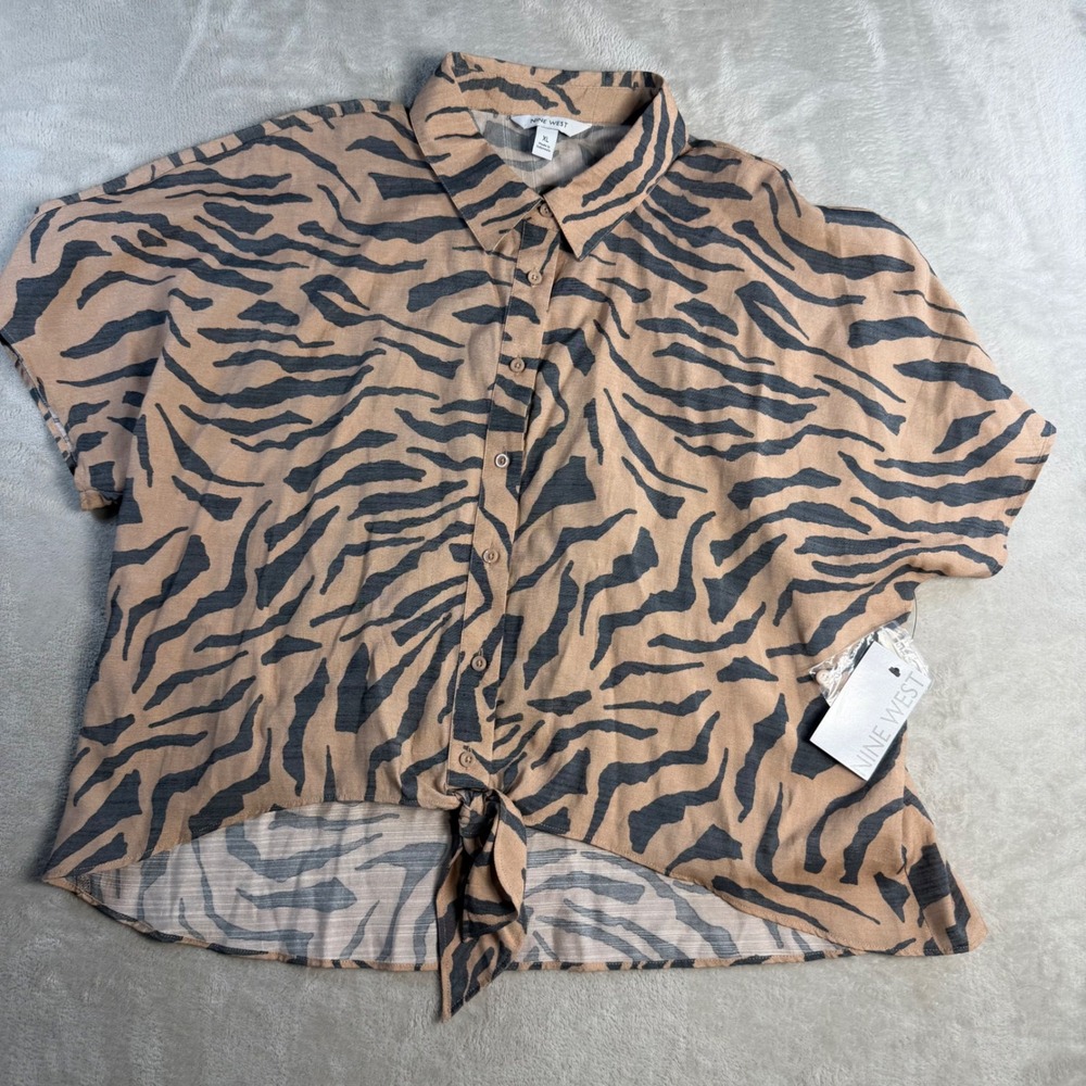 Nine West Tie Front Dolman Top Womens XL Khaki Black Tiger Print Rayon Blend NEW